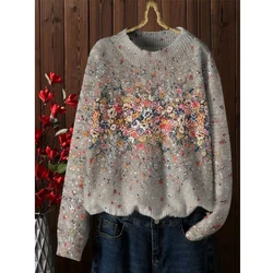 Women's Clothing Autumn Winter Fashion Floral Printed Basic Knitted Sweater Simple Casual O Neck Long Sleeve Loose Pullover Tops