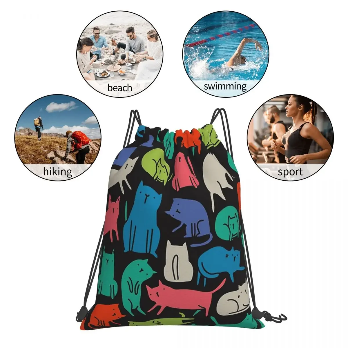 Gatos geniales Mochilas coloridas divertidas con diseño de mascotas para hombre y mujer, bolso con cordón, bolsa de almacenamiento con bolsillo