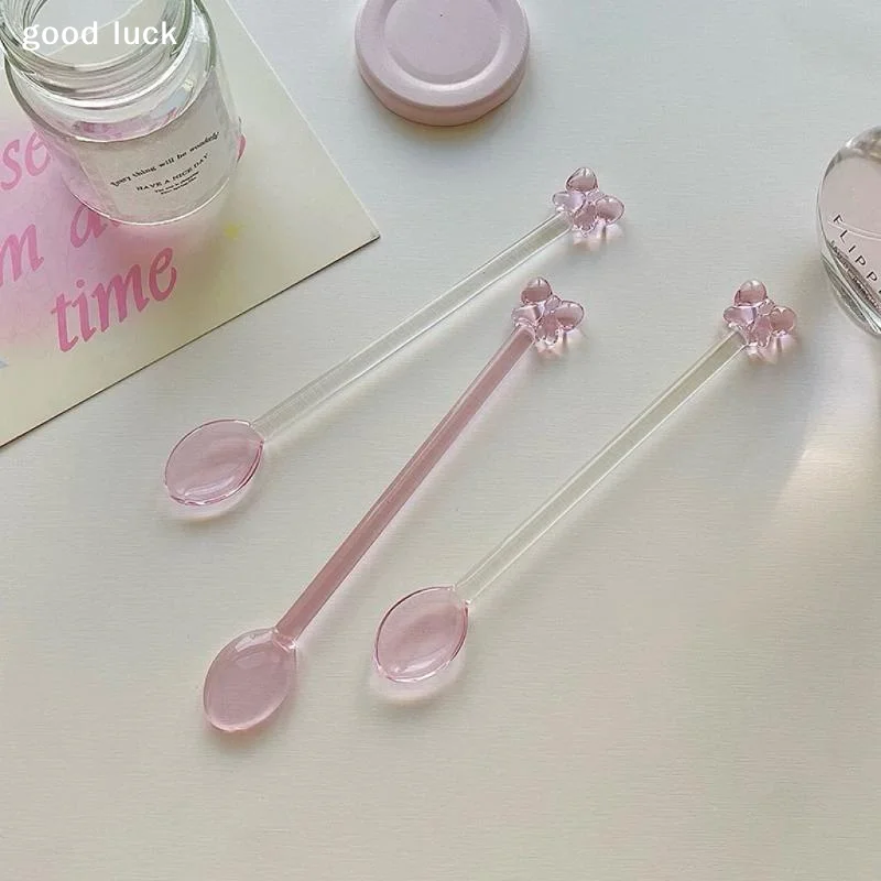 Pink Bow Glass Coffee Spoon, Long-handled Dessert/milk Tea Stirring Spoon, Heat-resistant Teaspoon, Household Kitchen Tool.