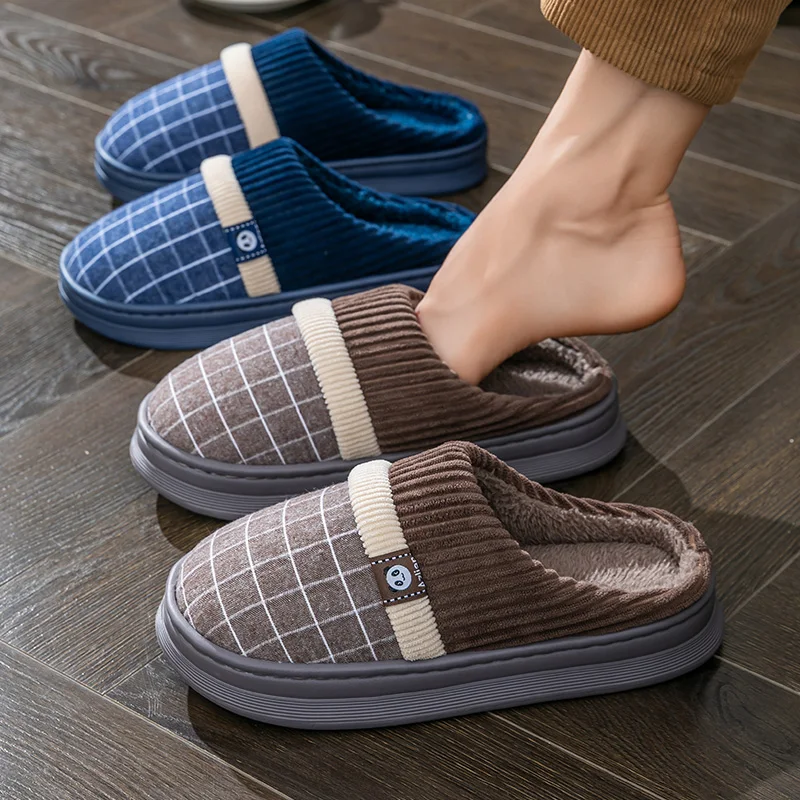 

Женские хлопковые тапочки большого размера, новые осенние и зимние стили, домашние и плюшевые теплые меховые тапочки для мужчин на толстой подошве.