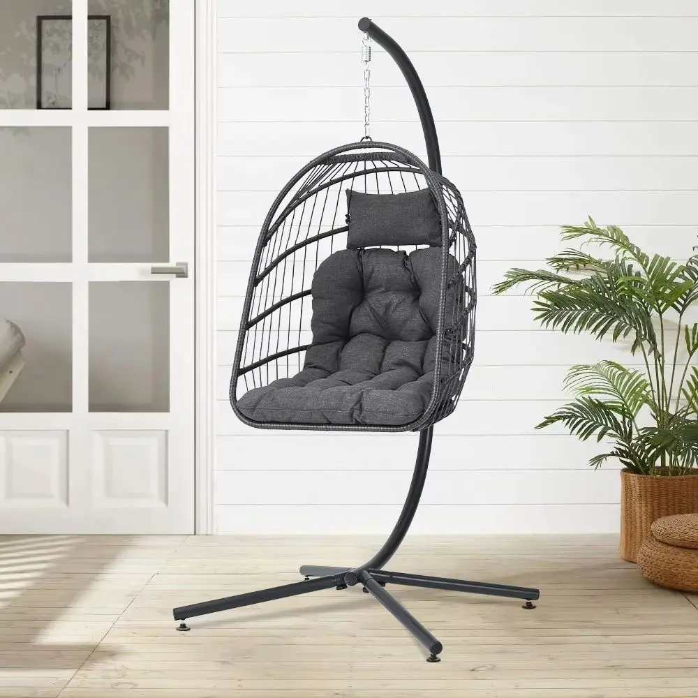 Hanging Egg Shaped Rattan Swing Chair with Stand and Cushion