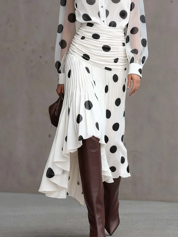 Modigirl Women's Vintage Polka Dot Chiffon Sets 2026 Spring Shirt Asymmetric Skirt Sheer Sleeves Tops for Office Urban Ladies image 6