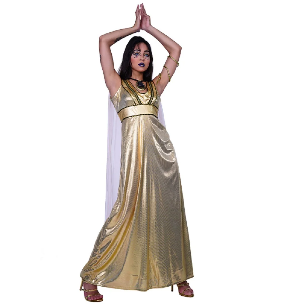 Antigo Egito Traje Cosplay para Mulheres, Cleópatra Drama Moderno, Vestido Dourado Sexy, Halloween