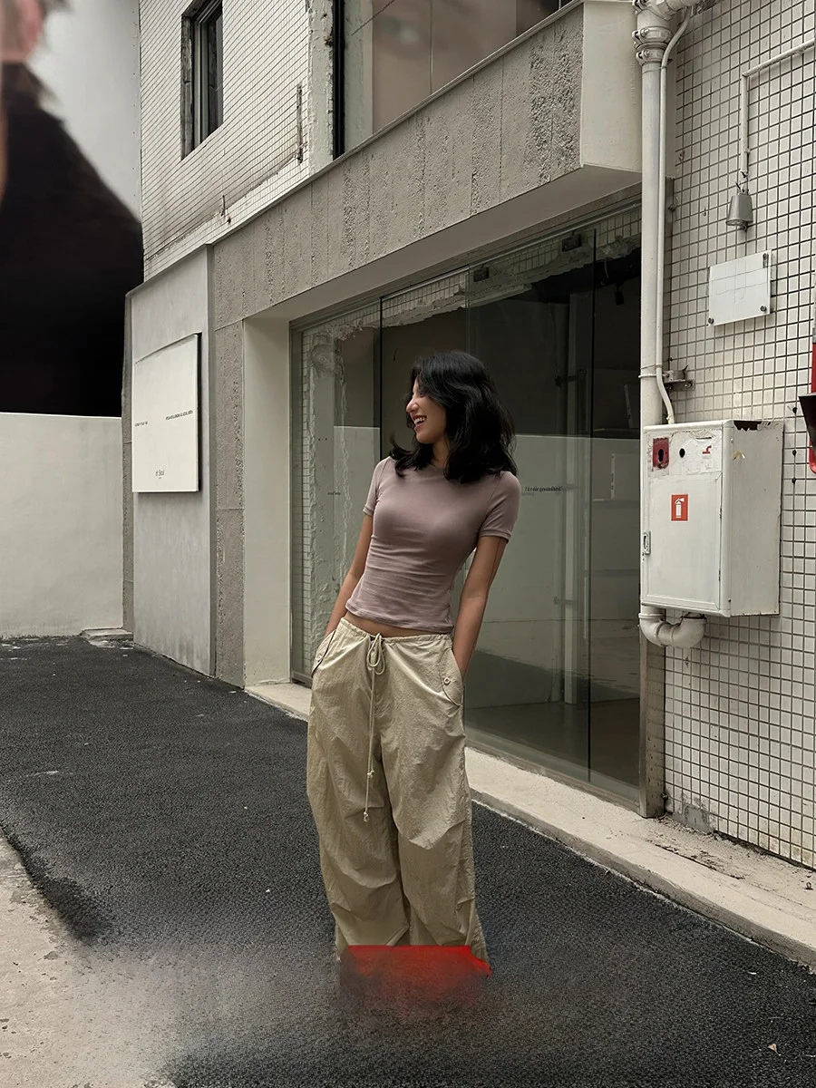 

Американские ретро-брюки цвета хаки свободного прямого кроя для женщин, летние повседневные брюки GO GO BURN с высокой талией