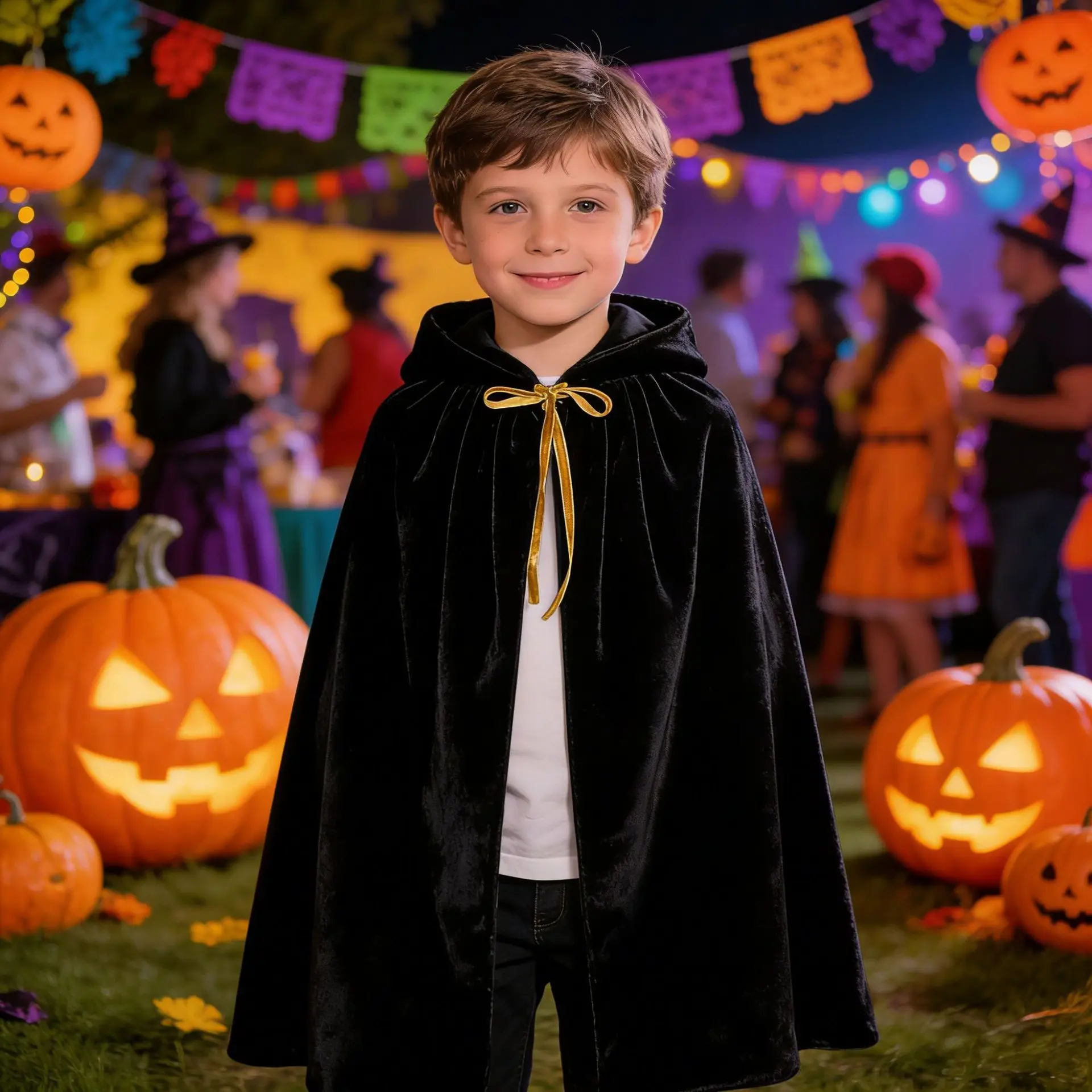 Kids Halloween Carnival Party Stage Performance Multiple Colors Comfortable Velvet Fabric Medieval Hooded Cloak Gold Drawstring
