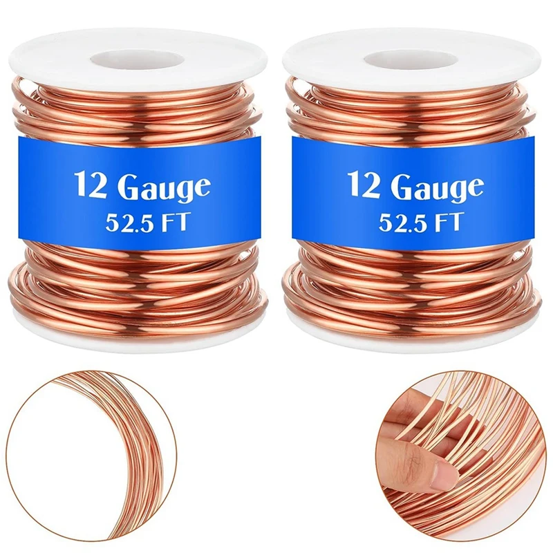 2 Rolls Soft Copper Wire Solid Bare Bendable Wire For Electroculture, Jewelry Making (12 Gauge 52.49Feet Per Roll) Durable