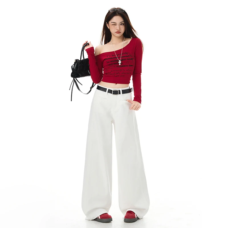 

Белые прямые джинсы с высокой талией и передними карманами, широкие, струящиеся, длиной в пол, удлиненные, для миниатюрных женщин.