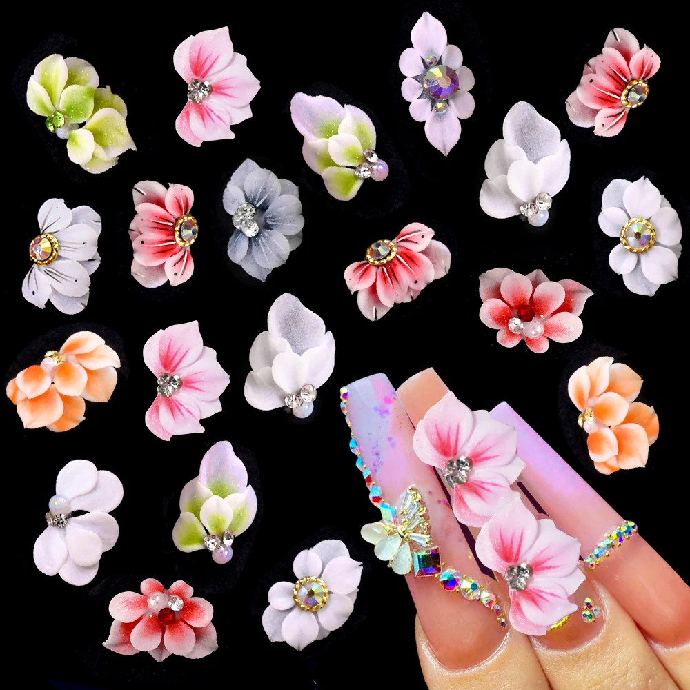 1/5Pcs 3D Carved Flower Nail Art Charms Pure Handmade Acrylic Flower Decals Nails Rhinestones Crystal for DIY Decorations Craft#