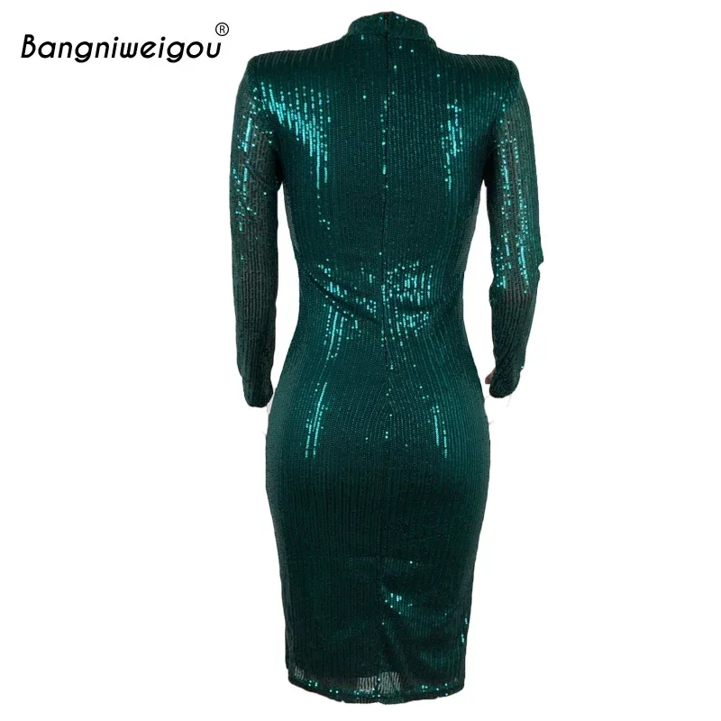 Bangniweigou Elegant Long Sleeved Silver Dress for Women Fall Winter Sequin Bodycon Wear To Work Office Lady Party Night Sheath