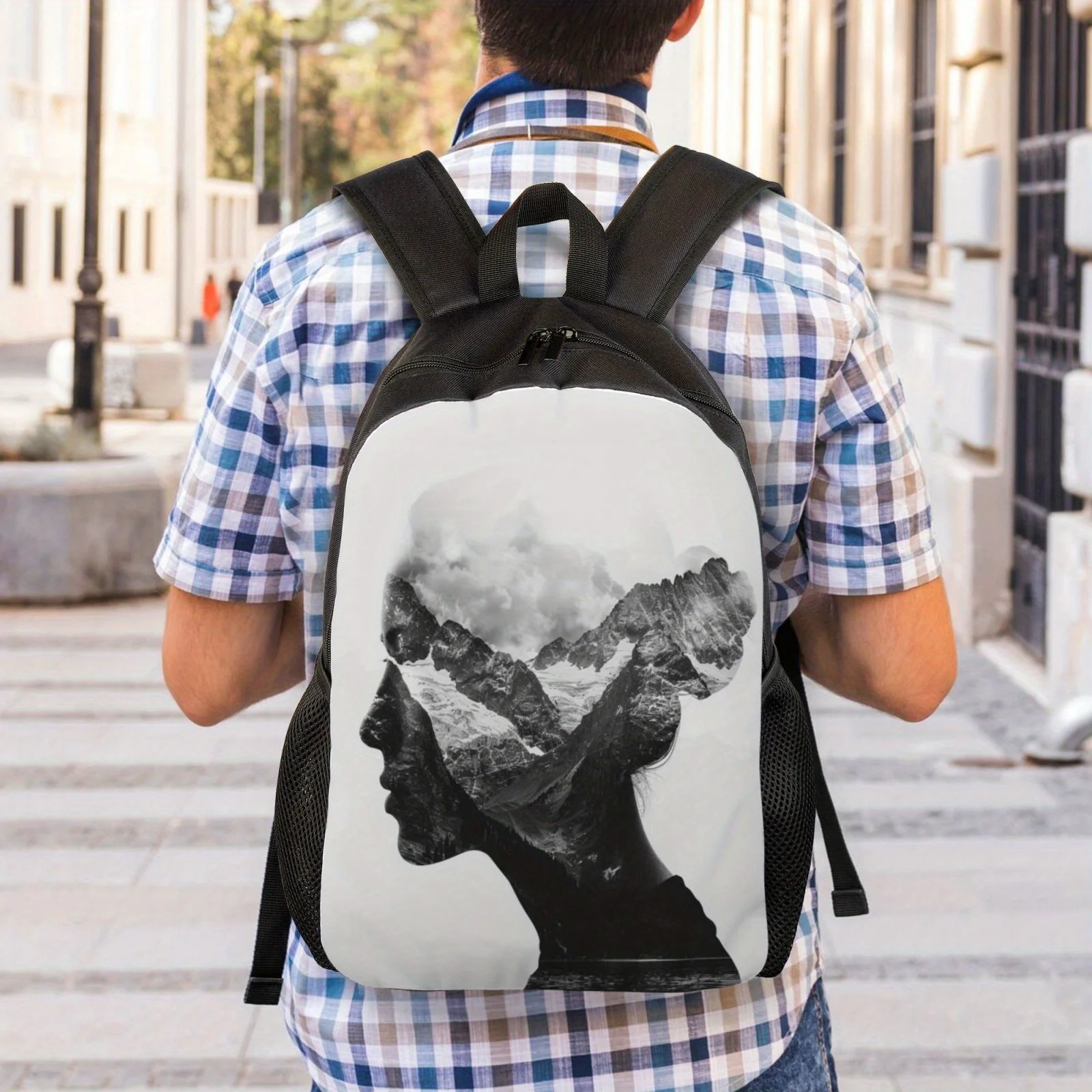 A street style backpack with a meditation lady pattern printed on it, suitable for both campus and leisure travel backpacks