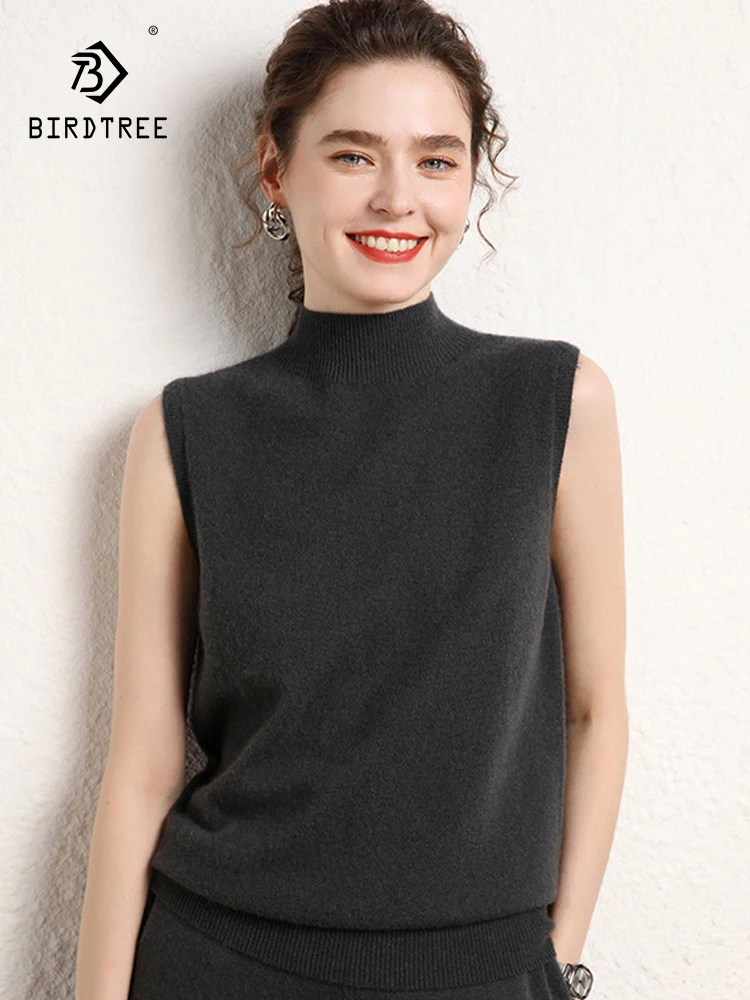 Birdtree 65% Wool 35% Cashmere Sleeveless Sweater Vest Women Autumn Winter Slim Fit Simple Comfortable Bottoming Shirt T3N434QC