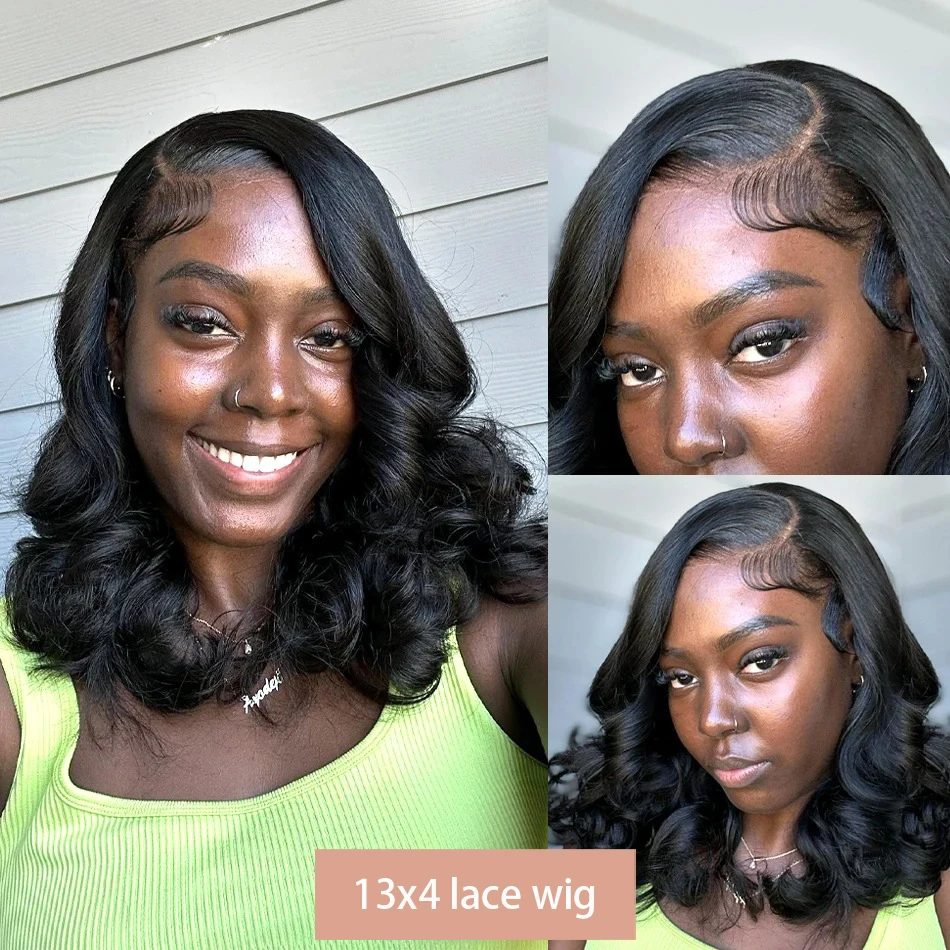 13x4 Short Body Wave Lace Frontal Bob Wig 200% Density Brazilian 100% Human Hair 4x4 Transparent Lace Wigs For Women 12 14 Inch