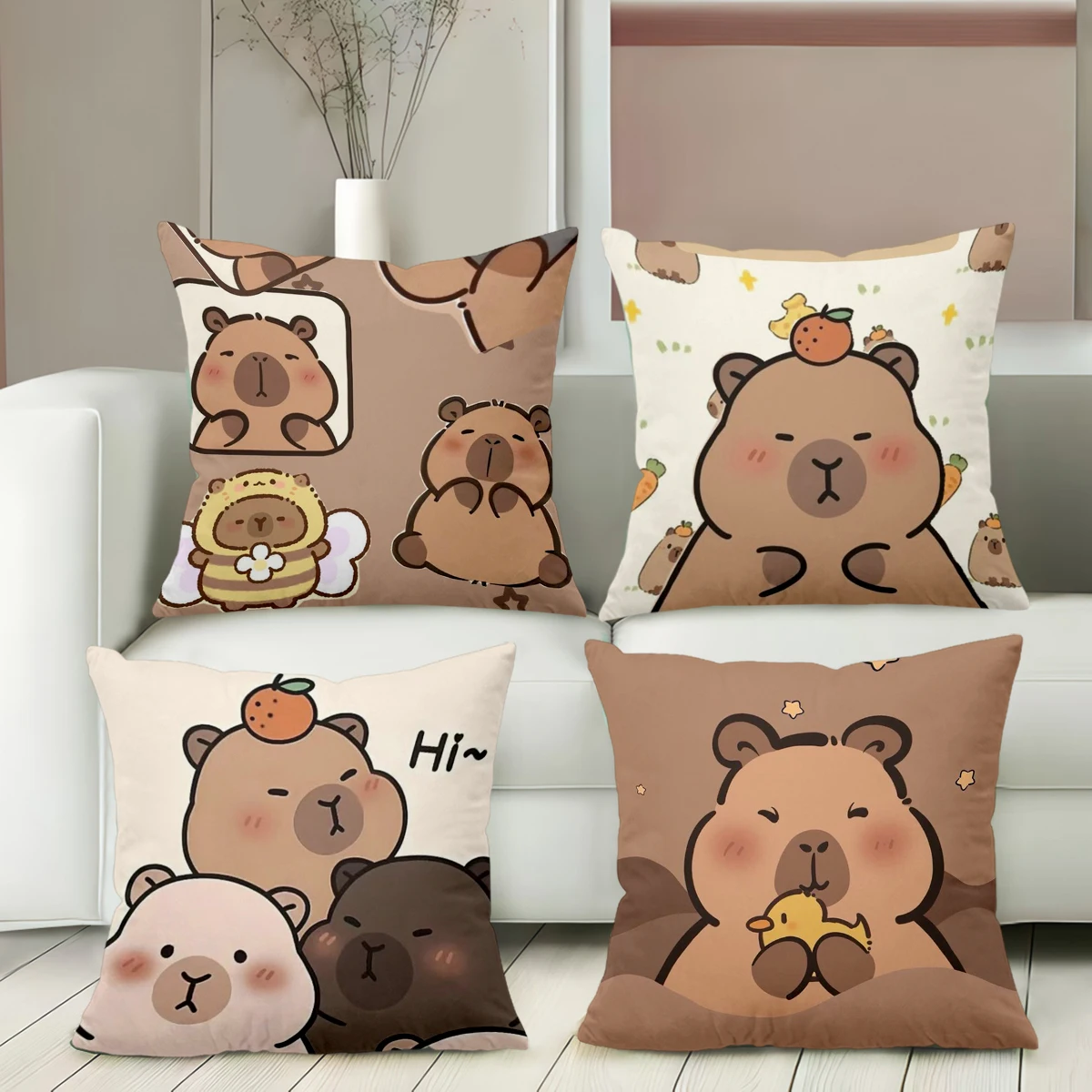 2D flat printing Cute Capybara Pillows Funny Cartoon Style Polyester pillowcase, sofa decorative cushion cov