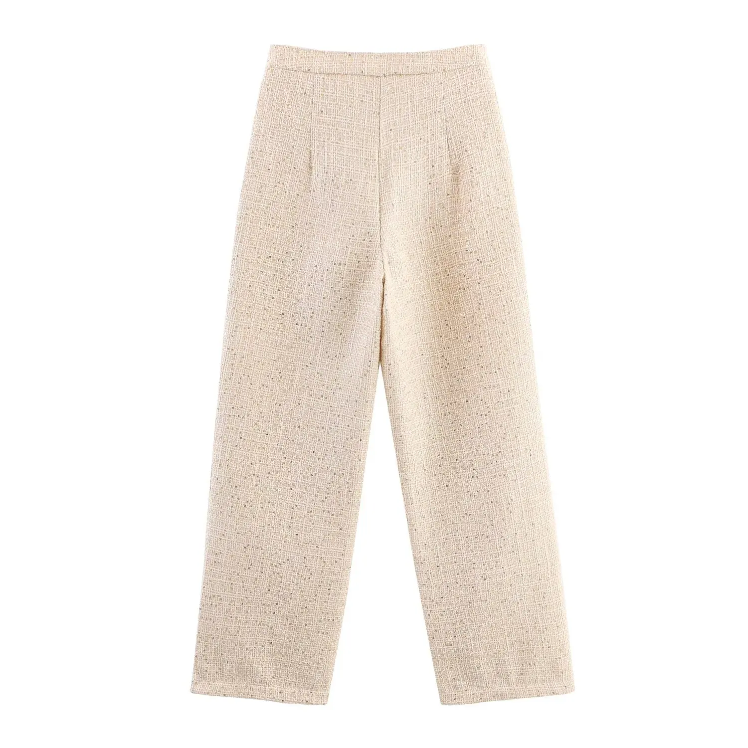 2 pieces 1 Set 2025 Autumn Sequins Beading Tweed Square Collar Puff Sleeve Pullovers Shirt + High Waist Long Straight Pants Suit