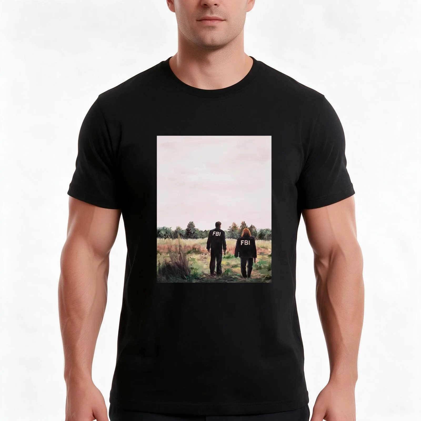 Mulder and Scully in FBI Jackets in Field The X Files T-Shirt, Summer Casual Cotton Tee, Oversized Streetwear Tops, 100% Cotton