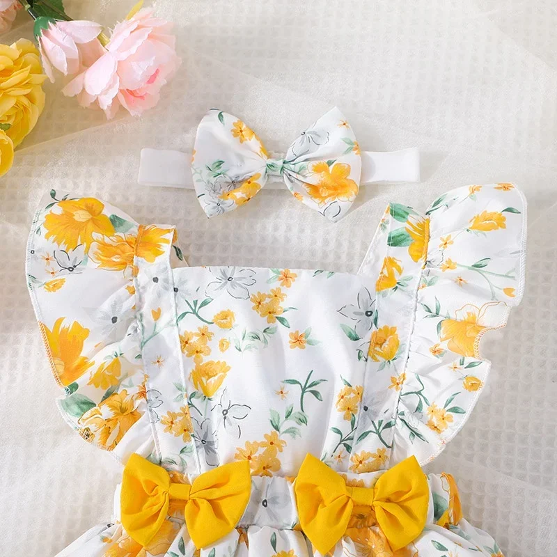 Dress For Kids Newborn 3 - 24 Months Birthday Butterfly Sleeve Cute Yellow Floral Princess Formal Dresses Ootd For Baby Girl