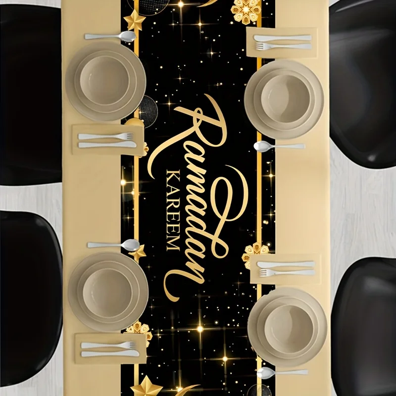 VIKAMA Eid Mubarak Polyester Table Runner Black Crescent Moon Lantern Rectangular Table Runner Suitable For Ramadan Decorations