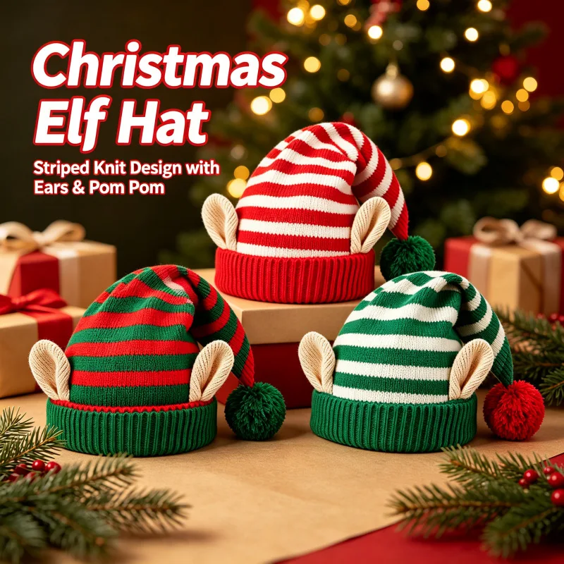 Gorro de punto con orejas y pompón, diseño de duende navideño, con rayas, cálido, ideal para fiestas navideñas, disfraz, gorro para parejas, para mujeres y hombres.