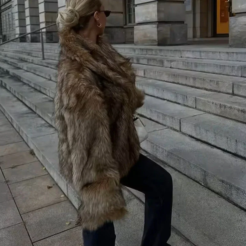 Elegante pluizige namaakbont uitloper damesmode revers lange mouwen pluche dikke jas winter nieuwe dagelijkse high street uitloper
