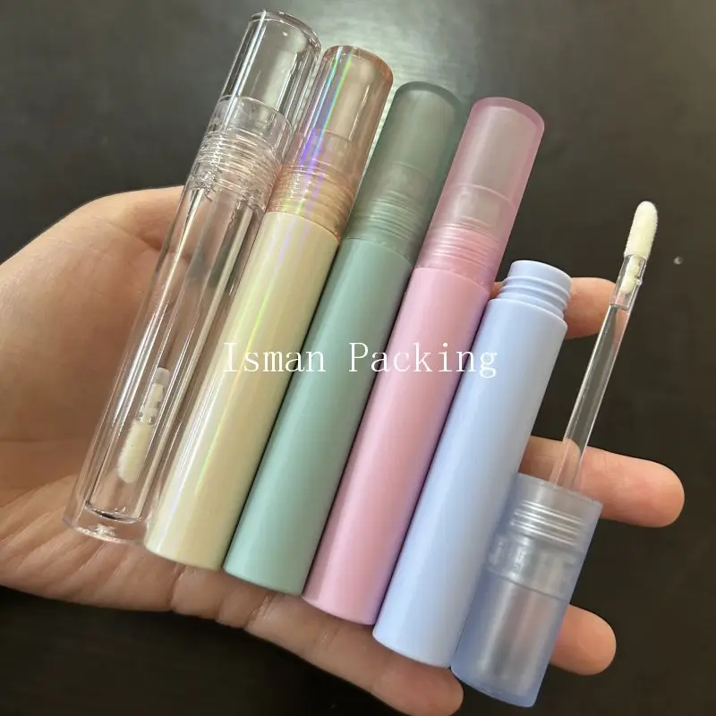 

50pcs new round frosted pink green blue clear holographic lip gloss bottle 4ml lip gloss tube with brush applicator