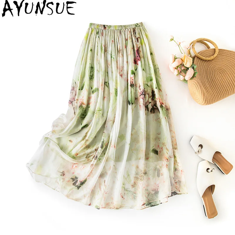 AYUNSUE 100% Silk Women's Skirts Casual Stylish Green Skirts for Women Summer Floral Skirt Beach Dress 2026 Woman Clothes Юбка