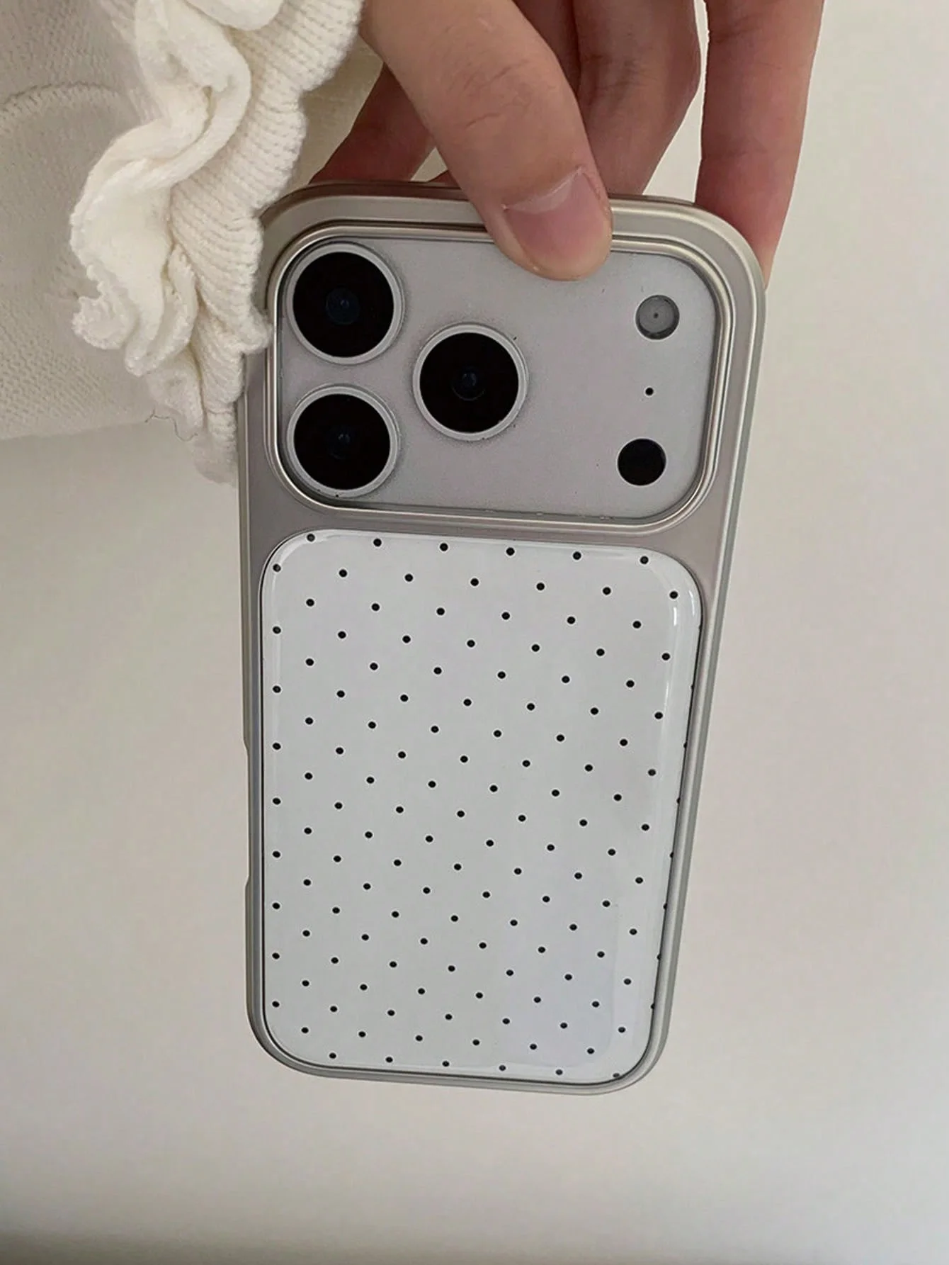 Simple White Polka‑Dot Glossy Soft Cover With Electroplated Silver Frame & Large Camera Window ForiPhone11‑13-16-17-18Pro ProMax view 3