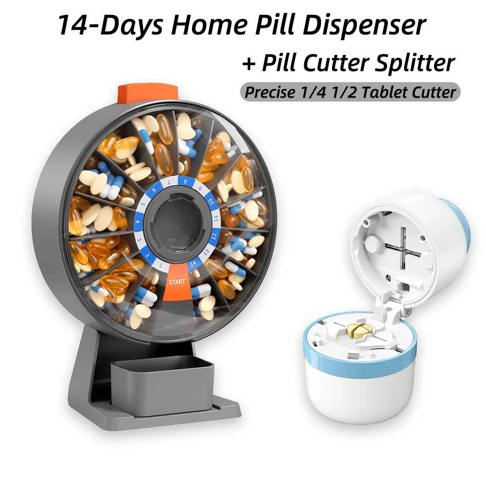 

14-Day Pill Dispenser + Pill Cutter Splitter One set Sealed Portable Medicine Case Pill Dispenser Daily