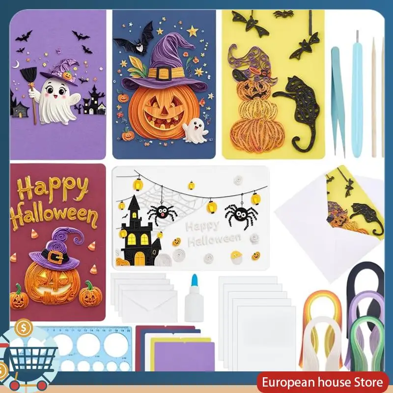 

Набор для изготовления карт ABFA для декора вечеринки, 20 комплектов, набор для квиллинга из бумаги на Хэллоуин для взрослых, начинающих, поздравительные открытки на Хэллоуин