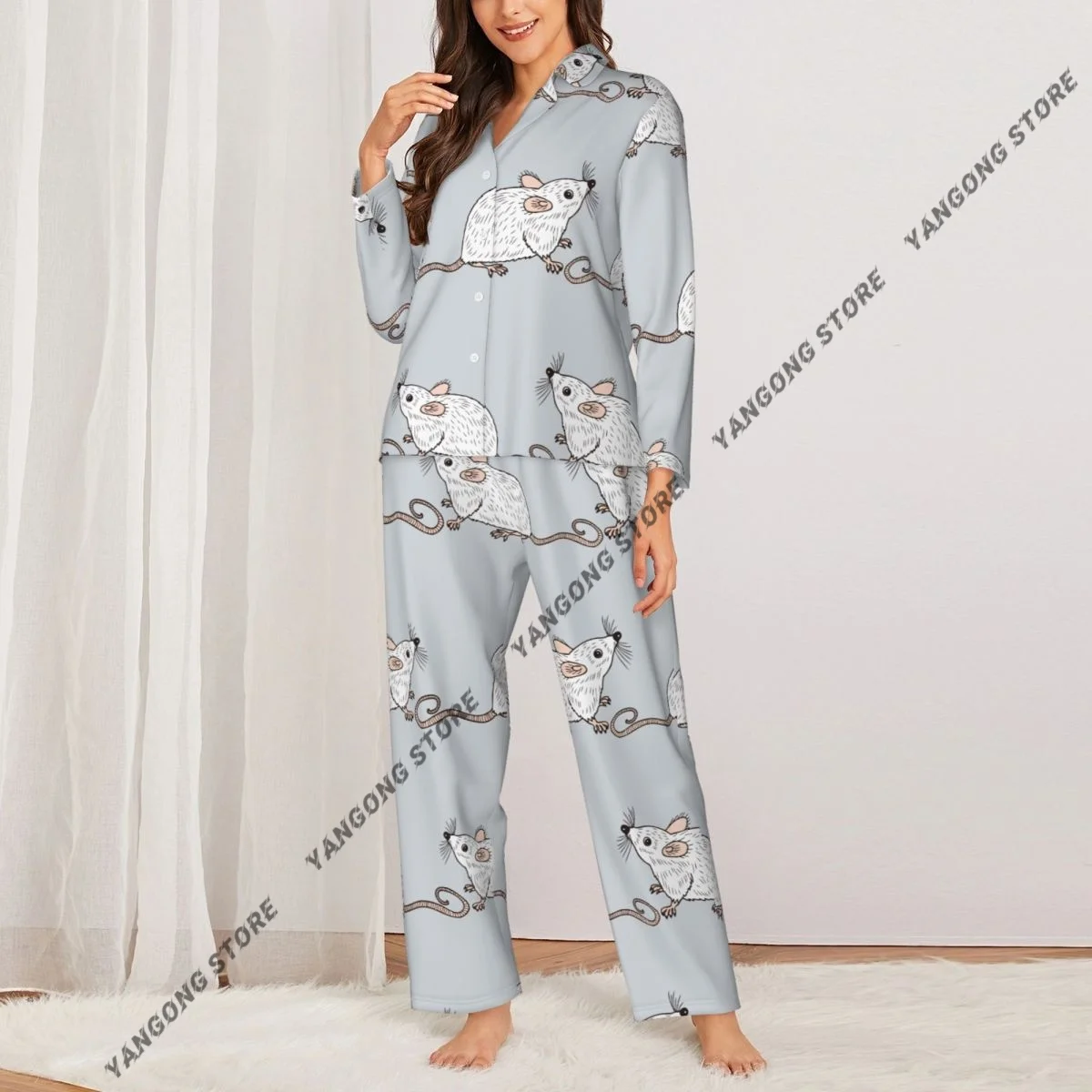 Spring and Autumn Long Sleeve Pants Pajamas Loungewear Set Funny Rats Women's Pull Edge Loose Sleeping Suit