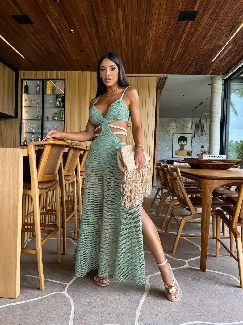 Mesh Long Dress Women Summer Cutout Party Dresses Cover Up Elegant Slim Split Maxi Vestidos Holiday Beach Robe