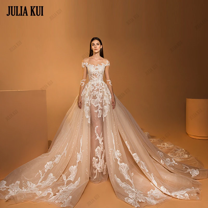 

Julia Kui Customize Made Champaghe Wedding Dress Beading Appliques Lace Illusion sleeves 2 In 1 Bridal Gowns Removable Train