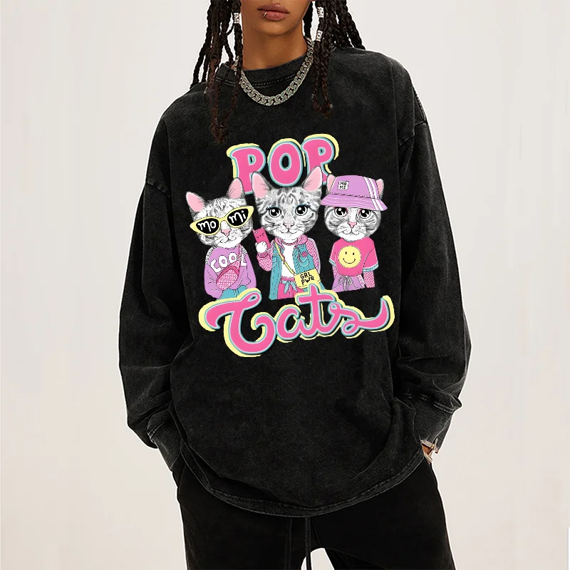 

Hot Sweetheart Pink Cute Ladies Sweatshirt Long Sleeve Wash T-Shirt Cartoon Three Cat Print Ladies Sweater American Vintage Top