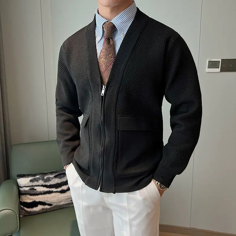 

Новинка 2024, весенне-осенняя мужская куртка, пальто, кардиган, свитер, оверсайз, черная молния, свободная мужская деловая простая тонкая куртка