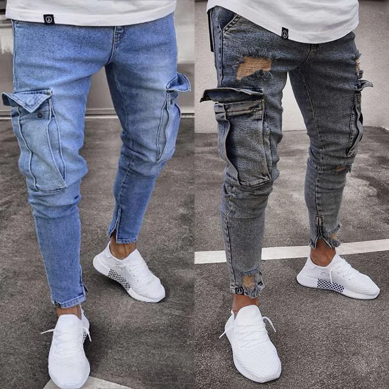 

Men Jeans Pencil Pants Solid Denim Sheath Mid Waist Zipper Fly Pockets Slim Fit Ankle Length High Street Holes Slight Strech