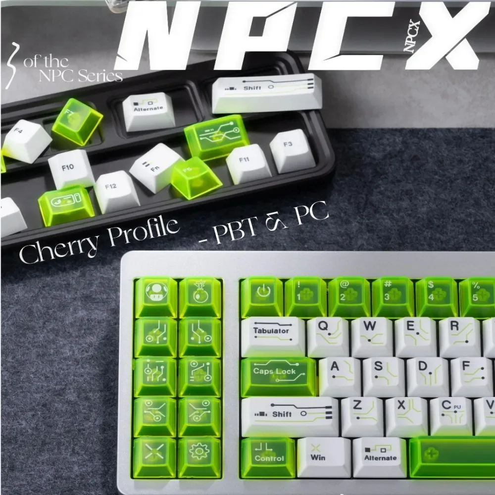 Circuit Element Keycaps 200 Keys PBT/PC 1.7mm Cherry Profile Cold White Fluorescent Green Custom Keycap for Mechanical Keyboard