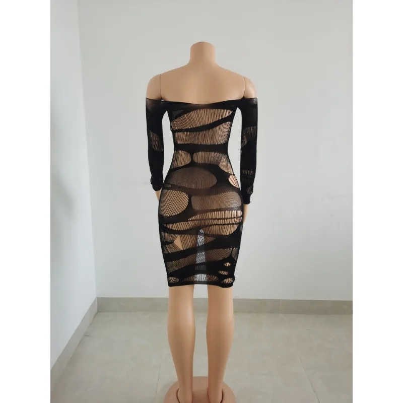 2025 Lente Zomer Off Schouder Gat Hol Sheer Skinny Sexy Lingerie Vrouwen Slash Hals Volledige Mouw Pittige Meisjes Club Jurk