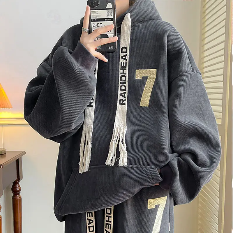 

Sweatshirt men spring and autumn trendy brand loose heavyweight hooded jacket autumn and winter velvet thickening for teenagers