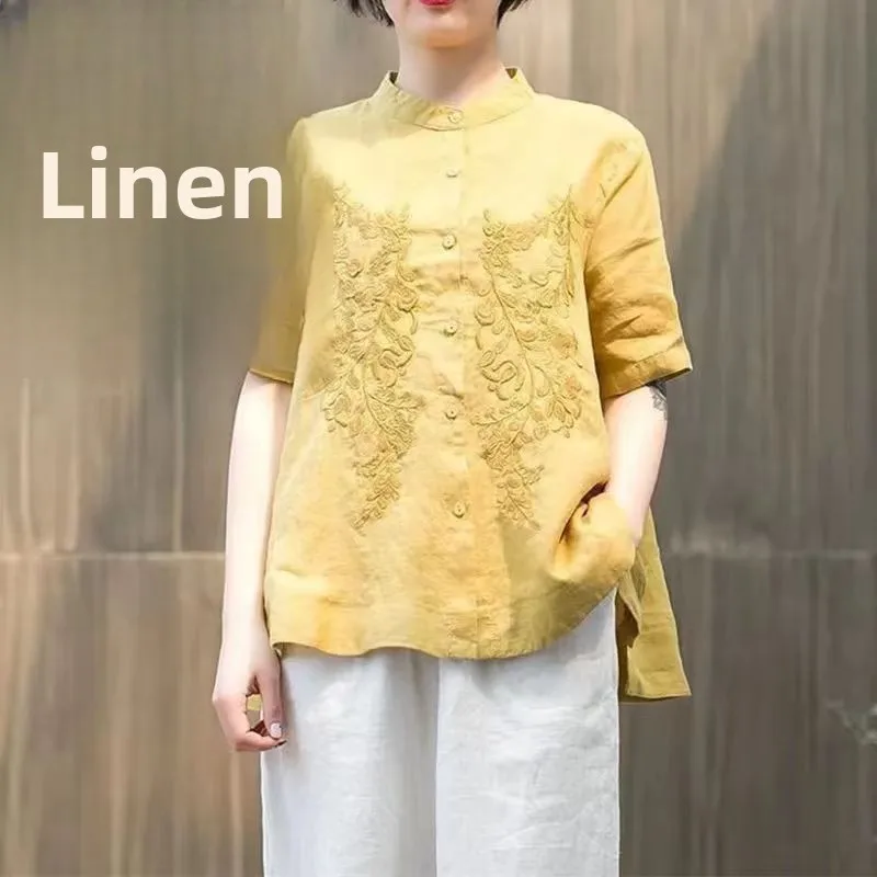 순면 자수 루즈핏 스탠드 칼라 예술적 스타일 여성 루즈핏 캐주얼 탑 린넨 같은 소재
