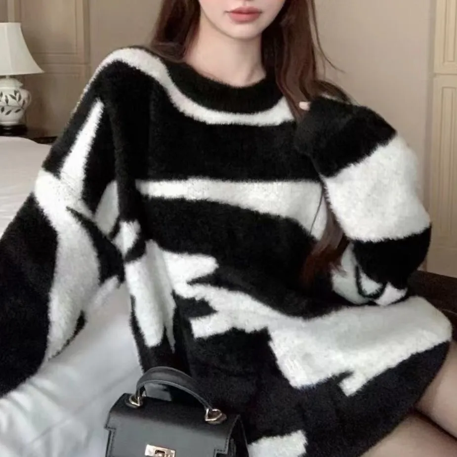 

Korean Version Zebra Print Imitation Mink Fur Pullover Sweater For Women In Plus Size, Loose Slimming, Soft And Sticky Knit