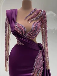 Illusion Purple Lace  Sequins Satin   Sweetheart Long Sleeve Beaded  Formal  Evening Dresses  Prom Party Gown Mermaid  Custom
