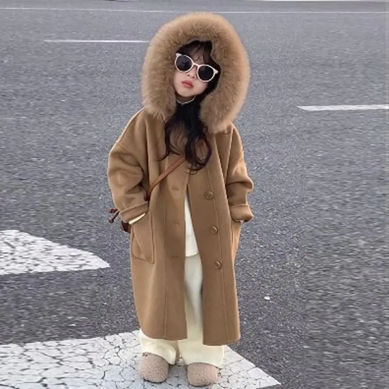 

Korean girls' woolen coat 2025 autumn and winter new style children's stylish big fur collar hooded jacket