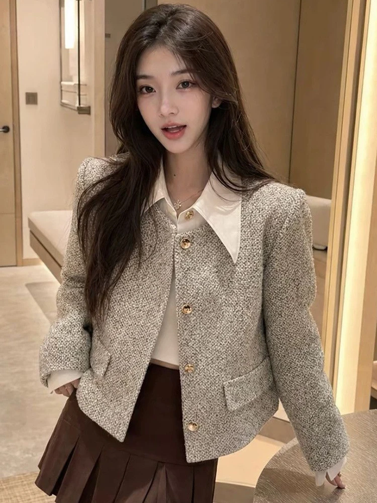 Fake Two Sweet Tweed Jacket Women Elegant Vintage Long Sleeve Patchwork Short Coat Fall Winter Retro Preppy Style Tops Outwear