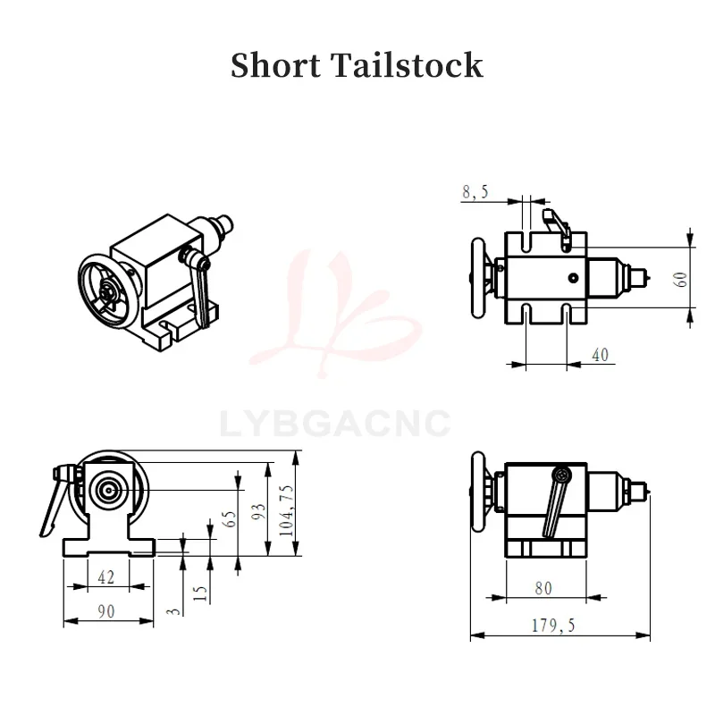 CNC Rotary Axis Movable Waterproof Watertight Short Tailstock for Big Pointed Head Pointed with Convex Head Center Height 65mm