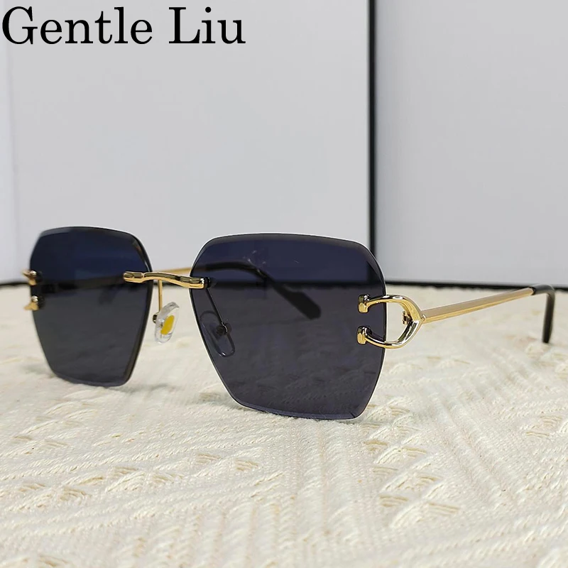 Oversized Square Rimless Sunglasses Women Men 2024 Luxury Brand Vintage Metal Frame Frameless Sun Glasses For Male Eyewear Shade