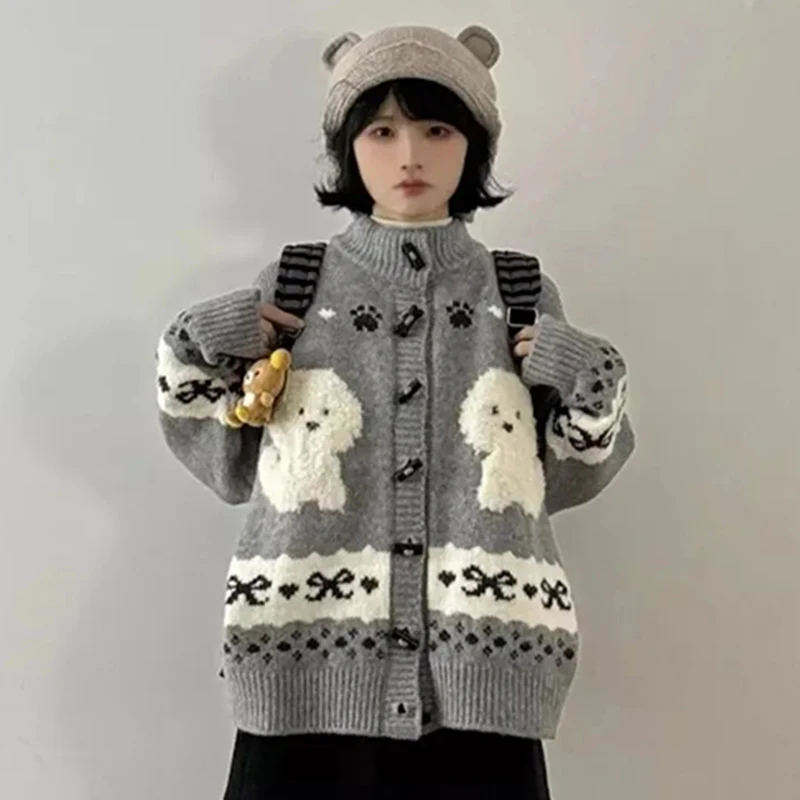 Cartoon Puppy Knit Cardigan Women Sweet Cute Long Sleeve Sweater Preppy Style Korean Kawaii Fall Winter Warm Grey Y2K Coat