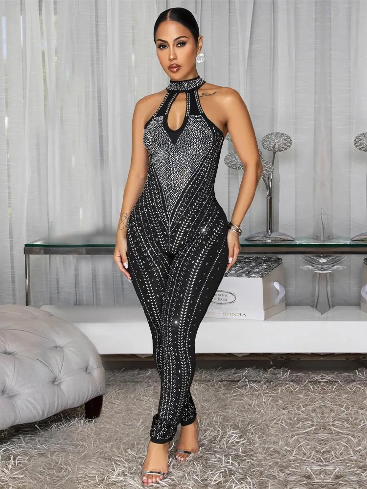 Mode femmes vêtements minceur combinaisons élégant ensemble diamants sans manches combinaisons Sexy ajustement serré Cocktail une pièce pantalon