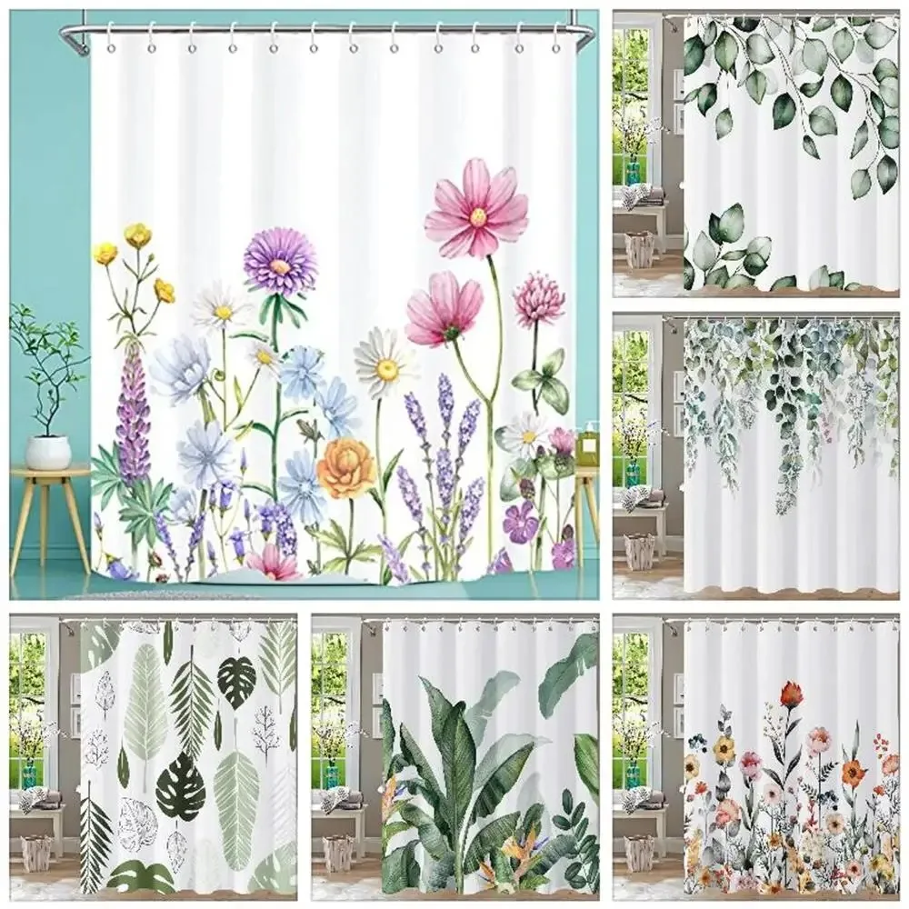 

Tropical Greenery Bathroom Shower Curtain Floral Eucalyptus Leaf Shower Curtains Fabric Washable Hanging Curtain Bathroom Decor