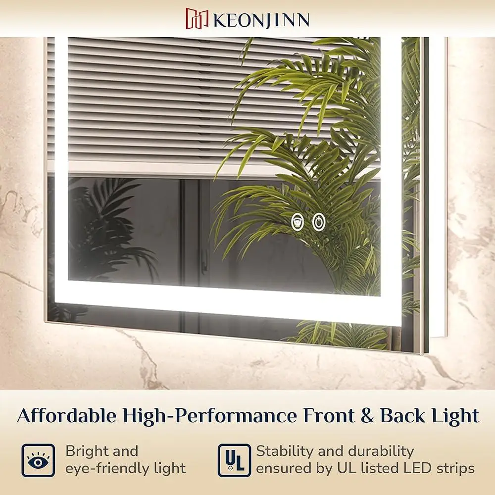 Illuminated Bathroom Mirror LED Frontlit Backlit 3-Color Dimmable High Brightness Energy Efficient Waterproof Smart Wall Mirror