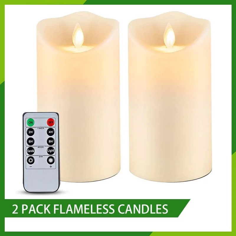 

2 Pack 6” X 3” Outdoor Waterproof Flameless Candles Flickering Moving Flame LED Candles Battery Candle with Remote and Timers