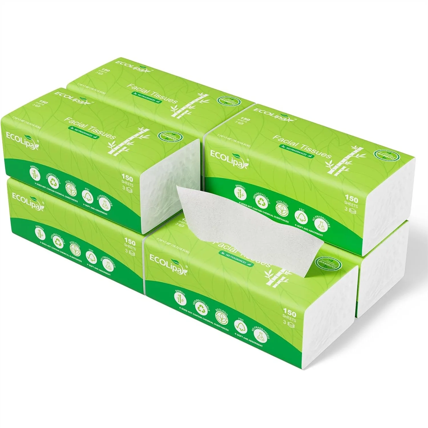 

Bamboo Facial Tissues 8 Packs 1200 Sheets – 3-Ply Ultra Soft Strong Travel Size for Car Home Office
